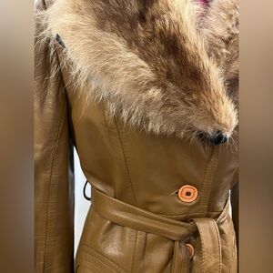 Vintage Opera Leather Coat Fur Collar Belted Canada Camel Brown